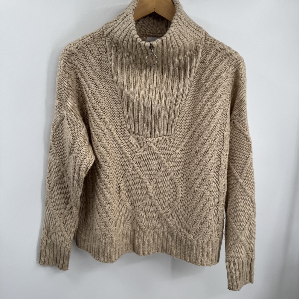 SNDYS Womens Quarter Zip Sweater XS Tan Cable Knit Ribbed Pullover Cabincore